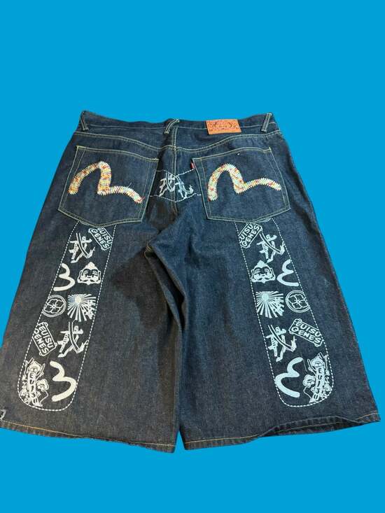 Vintage Evisu Genes Baggy Denim Shorts Size 40 Y2K Embroidered Seagull Jorts - Picture 2 of 13
